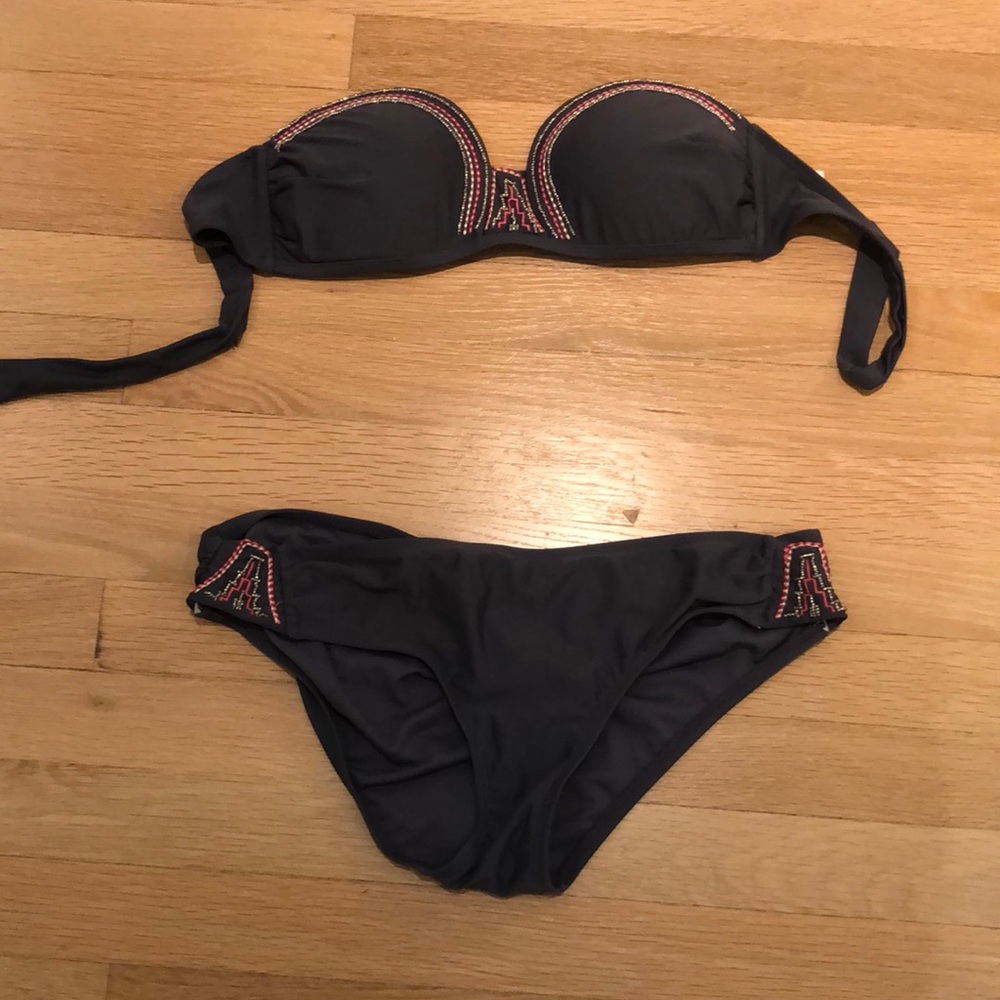 Purple beaded strapless bikini